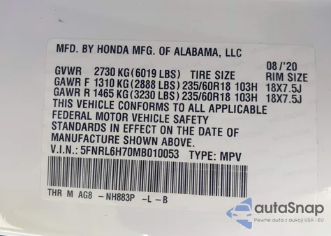 2021 Honda Odyssey Ex-L из США, поврежденный, VIN 5FNRL6H70MB010053